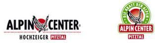 Zwei Logos des Alpin Centers Hochzeiger im Pitztal. Beide Logos zeigen unterschiedliche Designs und Farbvarianten.