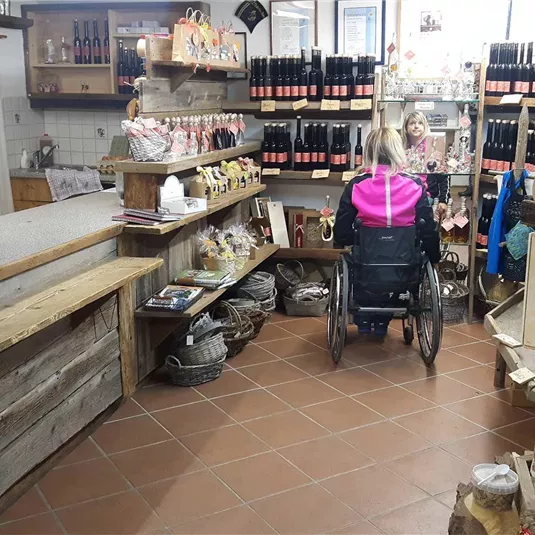 Ein kleiner Laden mit rustikalem Holzdekor, gefüllt mit verschiedenen Produkten und Weinen. Im Vordergrund sitzt eine Person im Rollstuhl und schaut sich um.