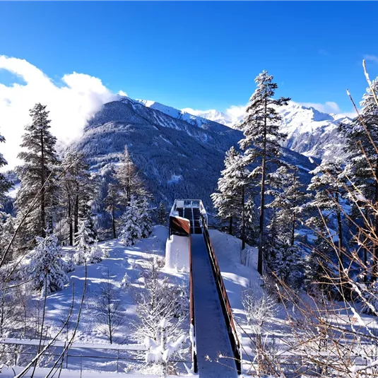 Eine verschneite Berglandschaft mit vielen Bäumen und einem klaren blauen Himmel. Im Vordergrund ist ein Aussichtspunkt zu sehen.