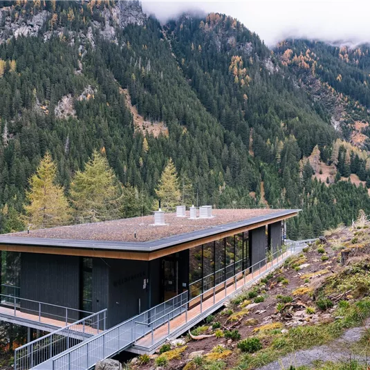Ein modernes Haus, eingebettet in eine bergige Landschaft mit dichten Wäldern. Die Architektur ist schlicht und harmoniert gut mit der Natur.