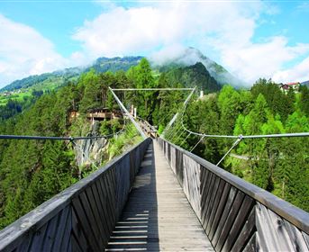 Eine beeindruckende Hängebrücke über einen Wald mit dichten, grünen Bäumen. Im Hintergrund sind Berge und ein blauer Himmel mit einigen Wolken sichtbar.