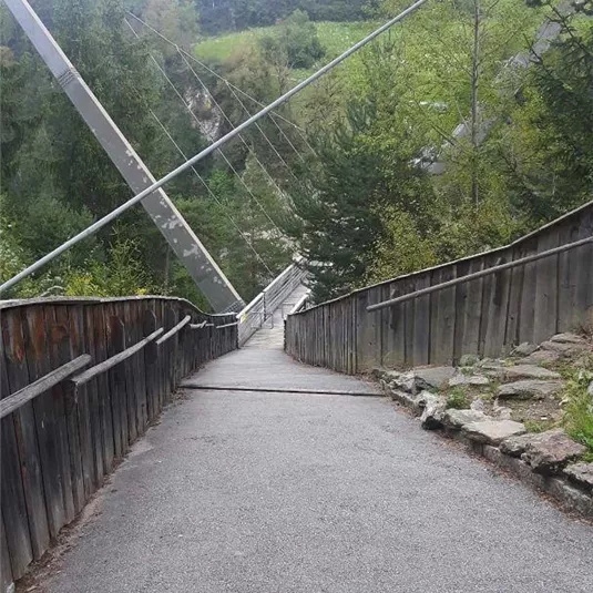 A narrow path leads down to a suspension bridge, surrounded by trees and green landscape. The bridge is secured by steel cables and the terrain is slightly hilly.