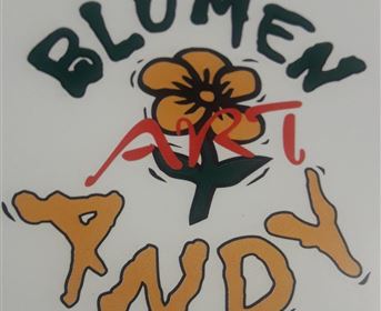 A colorful inscription reading "Blumen Andy" with a flower in the center. The word part "ART" is crossed out in red.