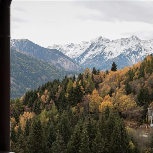 A mountainous landscape in autumn with colorful foliage and snow-capped peaks. The sky is overcast and nature appears calm and impressive.