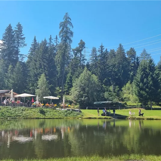 A picturesque place by the lake surrounded by tall trees. In the background, an inn and outdoor seating can be seen.