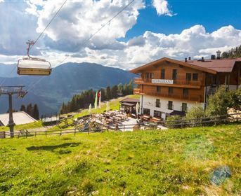 A mountain lodge with a restaurant and terraces in a picturesque landscape. A cable car and green meadows surround the scene under a bright blue sky.