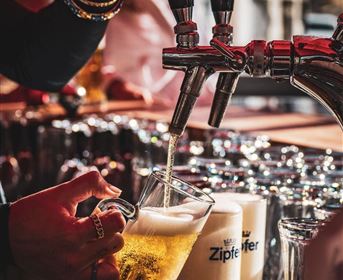 Ein Barmitarbeiter zapft ein kühles Bier in ein Glas. Im Hintergrund sind weitere Biergläser und Flaschen zu sehen.