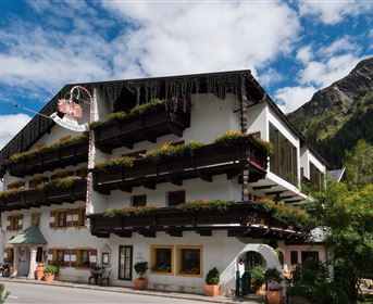 Ein gemütliches Hotel mit traditioneller Architektur und vielen Blumenbalkonen. Im Hintergrund sind Berge und ein blauer Himmel zu sehen.