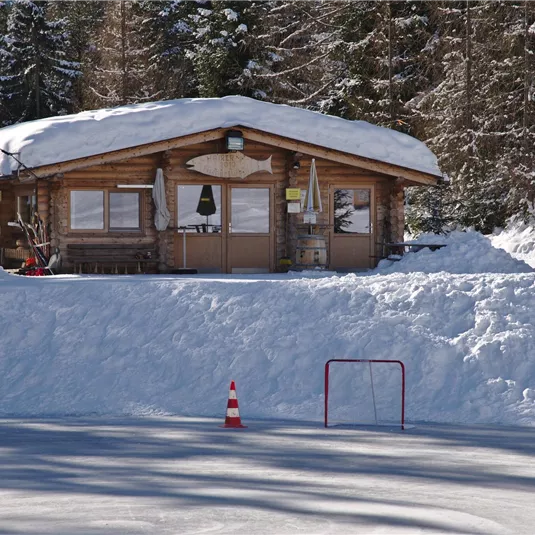 Eine gemütliche Hütte im Schnee umgeben von Bäumen. Im Vordergrund befindet sich ein kleiner Eishockey-Tor.
