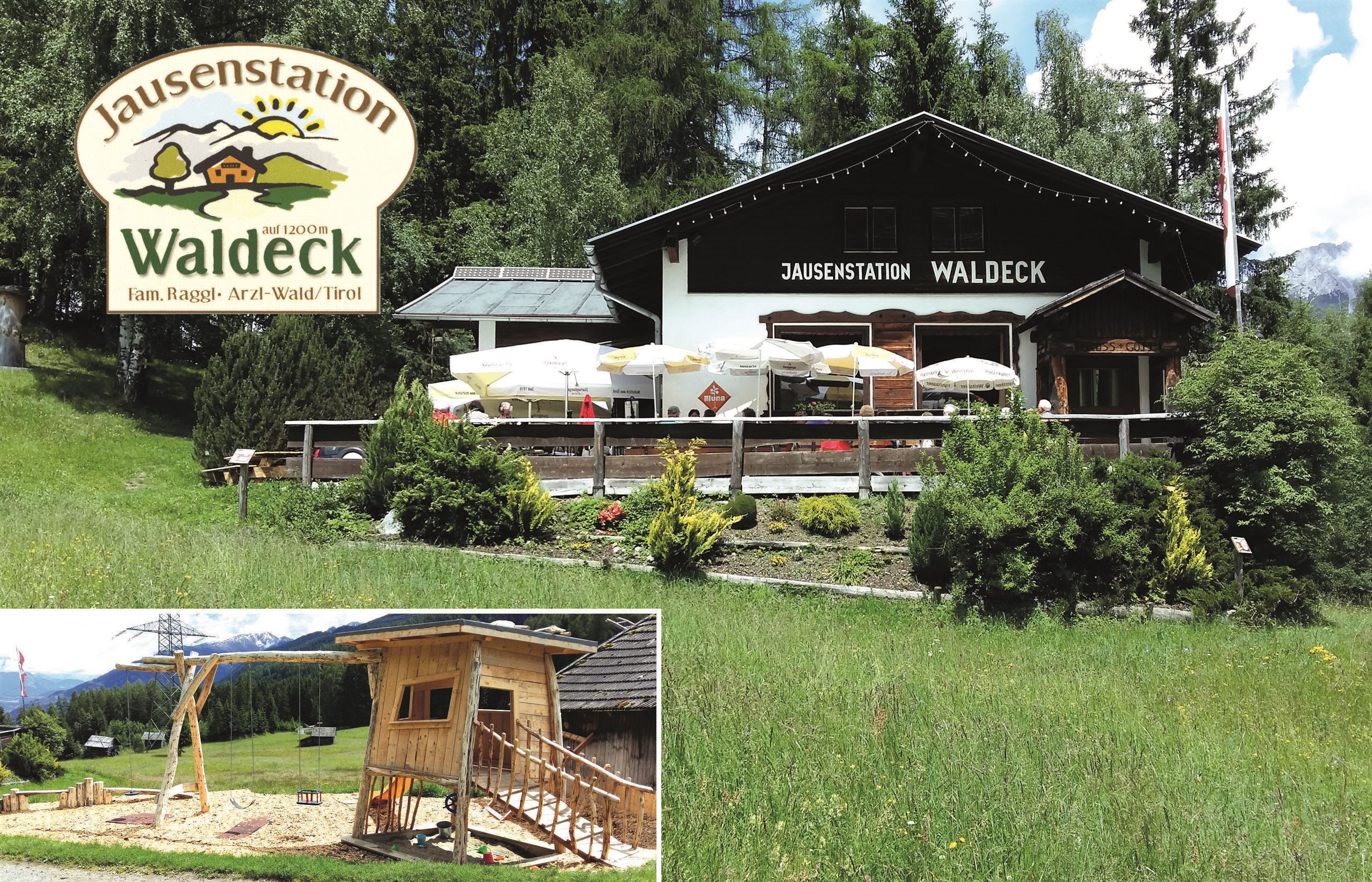 Eine gemütliche Jausenstation namens Waldeck umgeben von grünen Wiesen und Bäumen. Im Vordergrund befindet sich ein Spielplatz mit einer Rutsche und einem Spielhaus.