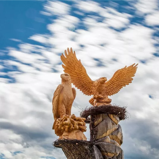 Eine Holzskulptur von zwei majestätischen Vögeln, die auf einem Nest sitzen. Der Himmel im Hintergrund ist blau mit schnell bewegenden Wolken.
