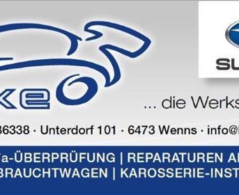 Eine Auto-Werkstatt namens KFZ Mike, die Reparaturen und Service für alle Marken anbietet. Das Logo von Subaru und Kontaktdaten sind ebenfalls sichtbar.