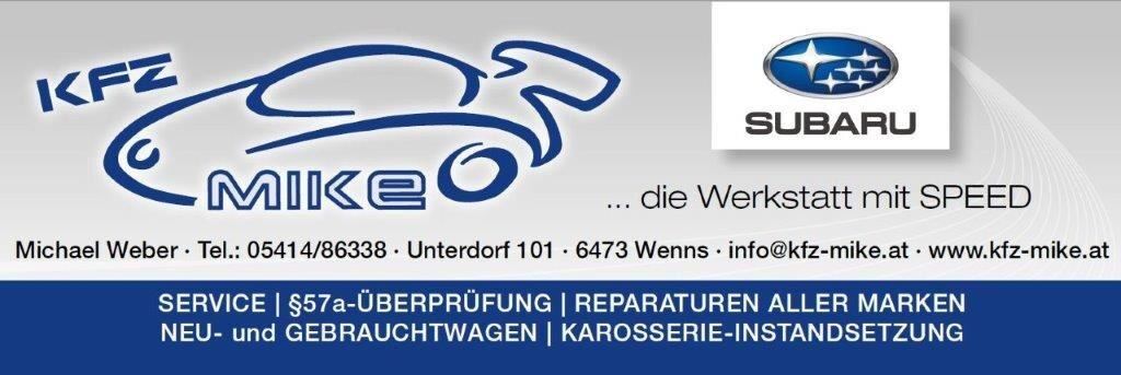 Eine Auto-Werkstatt namens KFZ Mike, die Reparaturen und Service für alle Marken anbietet. Das Logo von Subaru und Kontaktdaten sind ebenfalls sichtbar.