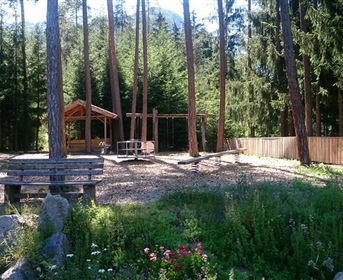 Ein ruhiger Waldplatz mit einer Holzunterstand und einer Schutzhütte. Rundherum blühen Wiesenblumen und hohe Bäume bieten Schatten.