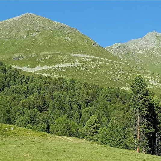 A green mountain landscape with gentle hills and trees. The sky is clear and blue, creating a calm atmosphere.