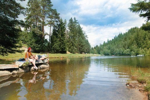 Ein ruhiger See umgeben von hohen Bäumen und grünen Wiesen. Zwei Personen entspannen am Ufer und genießen die Natur.