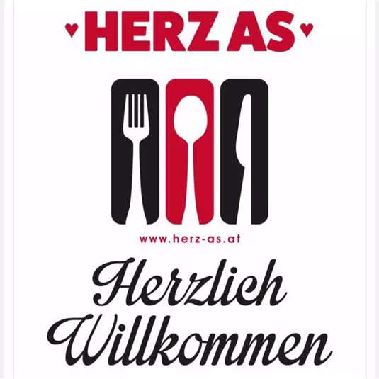 A logo with the text "HERZ AS" and symbols for cutlery. Below it says "Welcome".
