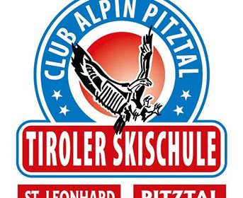 Ein Logo der Tiroler Skischule mit dem Namen "Club Alpin Pitztal". Es zeigt einen Adler über einem roten und blauen Hintergrund.