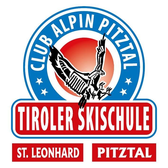 Ein Logo der Tiroler Skischule mit dem Namen "Club Alpin Pitztal". Es zeigt einen Adler über einem roten und blauen Hintergrund.