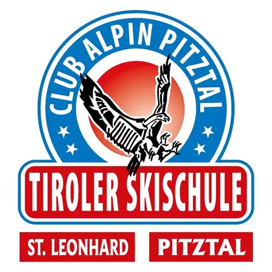 Ein Logo der Tiroler Skischule mit dem Namen "Club Alpin Pitztal". Es zeigt einen Adler über einem roten und blauen Hintergrund.