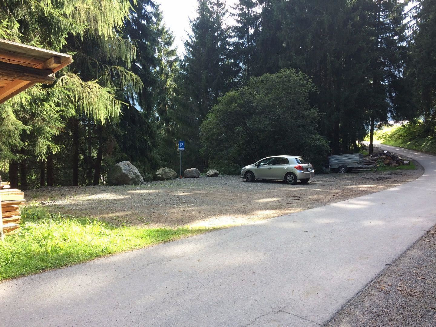 Ein Parkplatz in einem Waldgebiet mit mehreren Bäumen. Ein weißes Auto steht auf dem Kiesplatz, während ein Weg nach rechts führt.