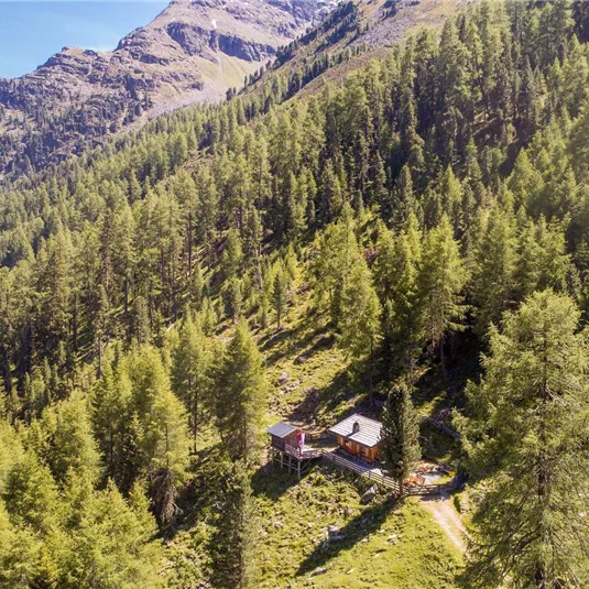 Eine ruhige Berglandschaft mit dichten Nadelwäldern. Im Vordergrund steht eine kleine Hütte, umgeben von grüner Natur.