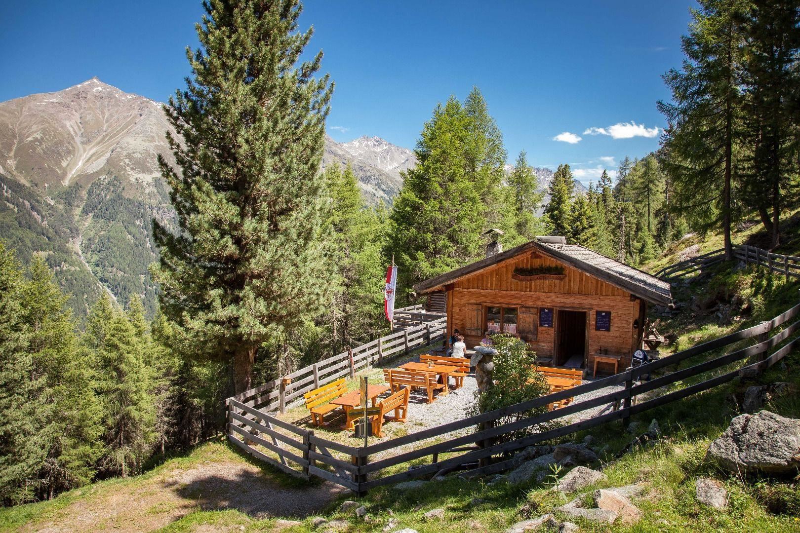 Eine gemütliche Berghütte umgeben von hohen Bäumen und Bergen. Draußen stehen einige Tische und Bänke für Gäste.