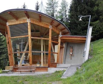 Ein modernes, gebogenes Gebäude aus Holz und Beton in einer grünen Landschaft. Es ist von Bäumen umgeben und hat große Fenster, die viel Licht hereinlassen.
