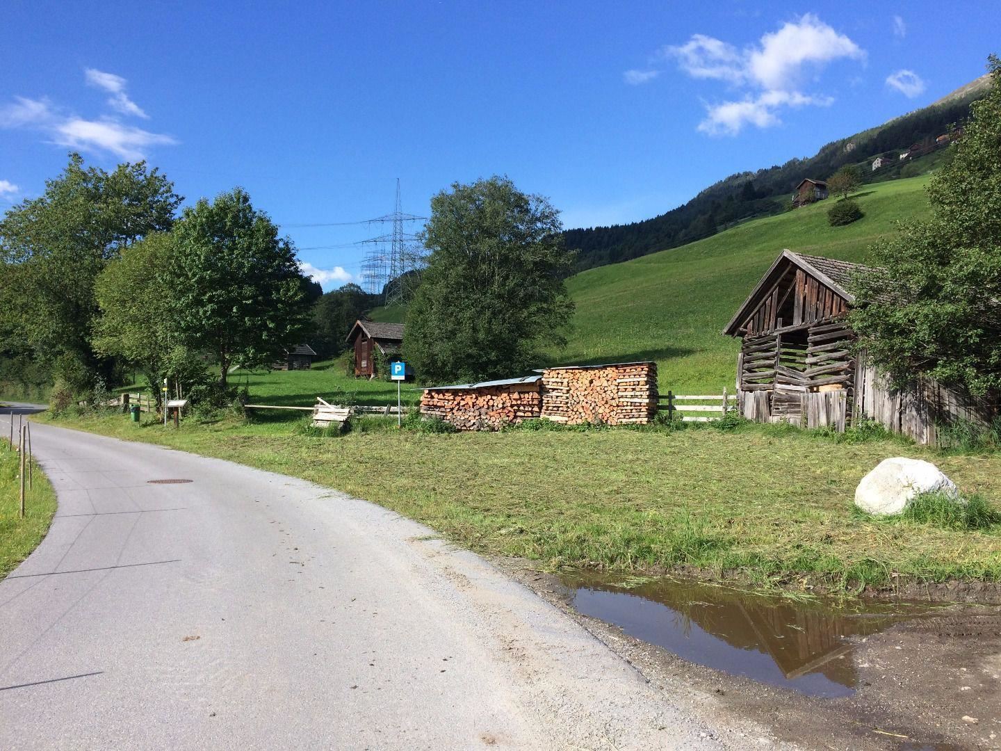 Eine ländliche Szene mit einer Straße, umgeben von grünen Wiesen und Bäumen. Im Hintergrund sind einige Holzstapel und traditionelle Gebäude zu sehen.