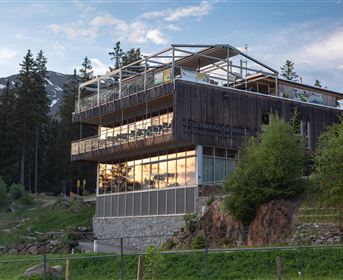 A modern building made of wood, surrounded by trees and mountains. Large windows reflect the light and provide a view of nature.