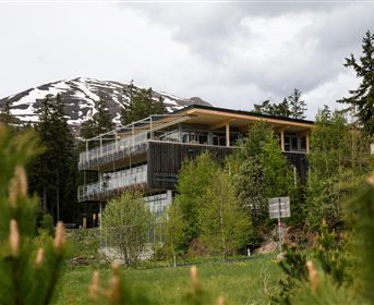 A modern building amidst trees and green landscape. In the background, snow-capped mountains can be seen.