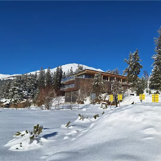 Ein modernes Holzhaus in einer verschneiten Landschaft. Im Hintergrund sind schneebedeckte Berge und klare blaue Himmel sichtbar.
