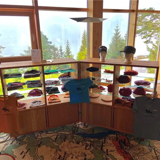 Ein Verkaufsstand mit verschiedenen T-Shirts und Hüten. Im Hintergrund sind Bäume und eine neblige Landschaft zu sehen.