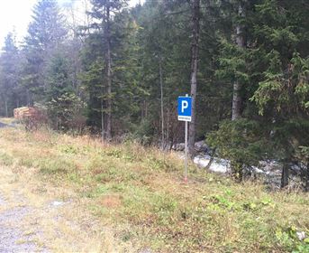 Ein Parkplatzschild steht neben einem schmalen Weg in einem Waldgebiet. Im Hintergrund fließt ein kleiner Bach zwischen den Bäumen.