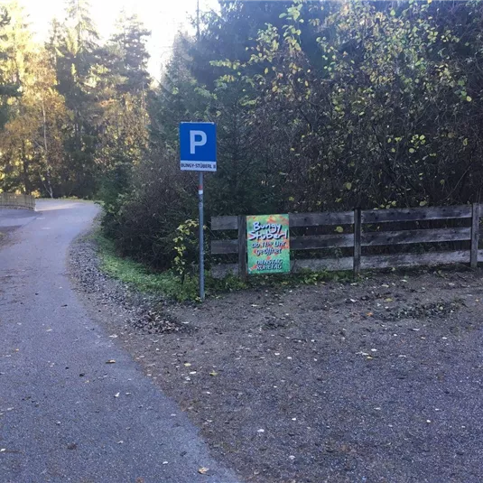 Ein Parkplatz-Schild an einer Waldstraße. Auf der linken Seite ist eine unbefestigte Straße zu sehen, umgeben von Bäumen und Sträuchern.