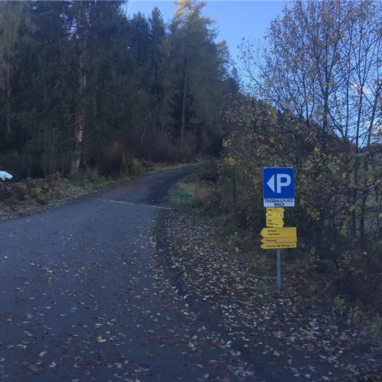 Ein Parkplatzschild zeigt die Richtung für Fahrzeuge. Der Weg führt durch eine bewaldete Umgebung mit herbstlichen Blättern.