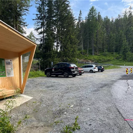 Eine Haltestelle aus Holz in einer Waldgegend mit mehreren geparkten Autos. Der Bereich ist von hohen Bäumen umgeben und es gibt eine Kurve in der Straße.