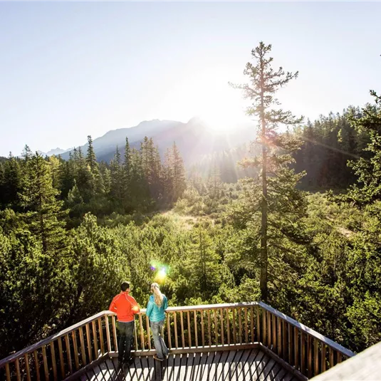 A couple is standing on an observation platform and looking at nature. In the background, green trees and mountains can be seen under a clear sky.