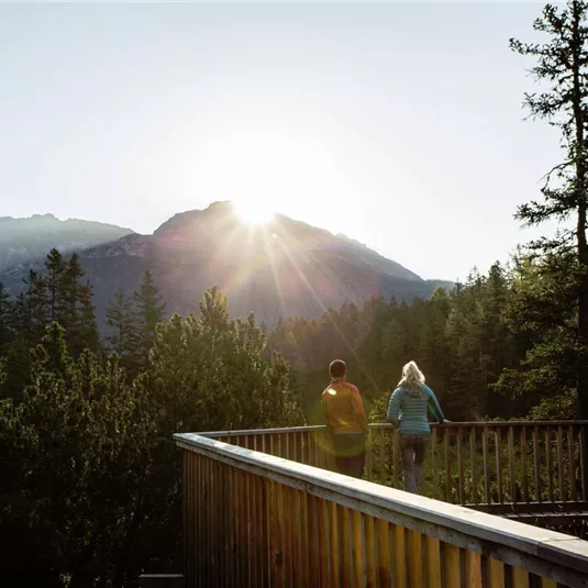 A couple is walking on an observation platform in the forest. In the background, the rising sun can be seen behind the mountains.