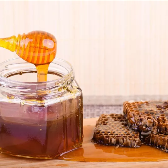 A glass of honey with a spoon, from which the honey is dripping. Next to it are pieces of honeycomb.
