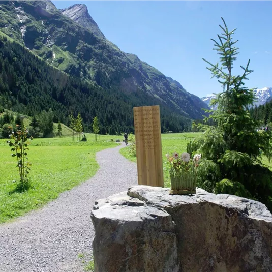 A picturesque path leads through a green meadow with mountains in the background. On the right stands a small tree and a stone with a flower bowl.
