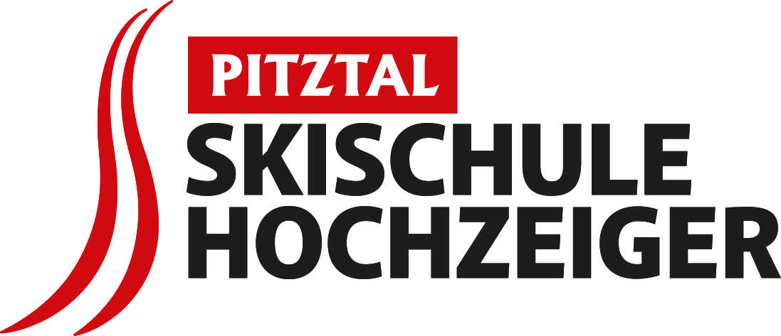 Das Logo der Skischule Hochzeiger im Pitztal. Es zeigt den Namen der Schule mit stilisierten roten Skipisten.