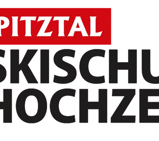 Das Logo der Skischule Hochzeiger im Pitztal. Es zeigt den Namen der Schule mit stilisierten roten Skipisten.