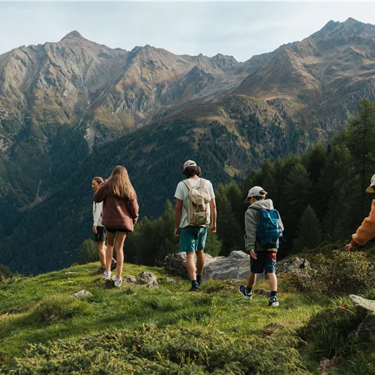 Eine Gruppe von Kindern und Jugendlichen wandert in den Bergen. Im Hintergrund sind hohe Berge und viel grüne Landschaft zu sehen.