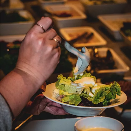 Eine Hand platziert frischen Salat auf einem Teller. Im Hintergrund sind verschiedene Zutaten in Schalen zu sehen.