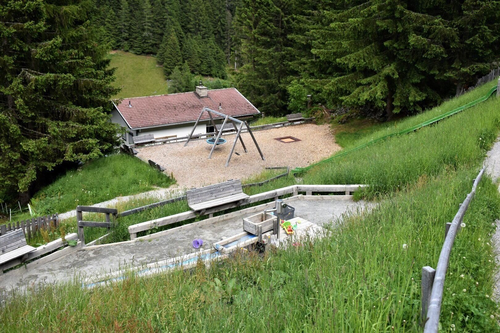 Ein Spielplatz in der Natur mit einer Schaukel und einem gemütlichen Holzhaus im Hintergrund. Umgeben von hohen Bäumen und grünen Wiesen.
