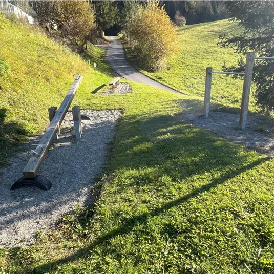 A well-kept hiking trail leads through a green meadow. On the left side, there is a seesaw and on the right side, a fitness area with equipment.