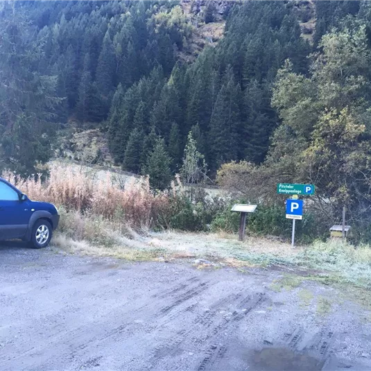 Ein Parkplatz in der Natur, umgeben von Bäumen und hoher Vegetation. Im Vordergrund steht ein blauer SUV auf einem unbefestigten Weg.