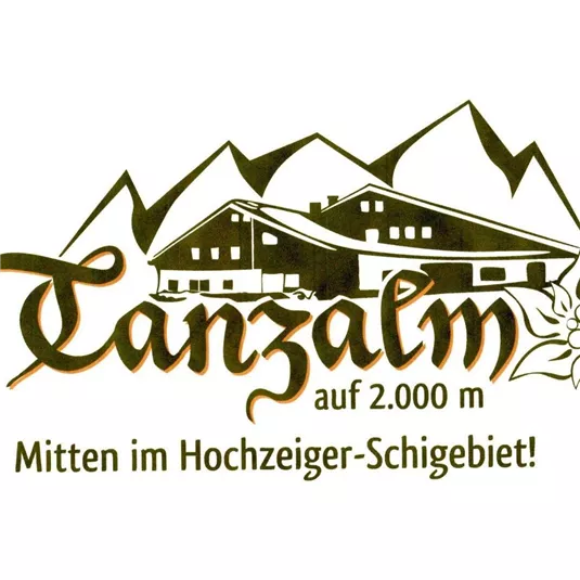Das Bild zeigt das Logo von „Tanzalm“, das auf 2.000 m Höhe im Hochzeiger-Skigebiet liegt. Es zeigt eine stilisierte Berglandschaft und die Bezeichnung der Alm.