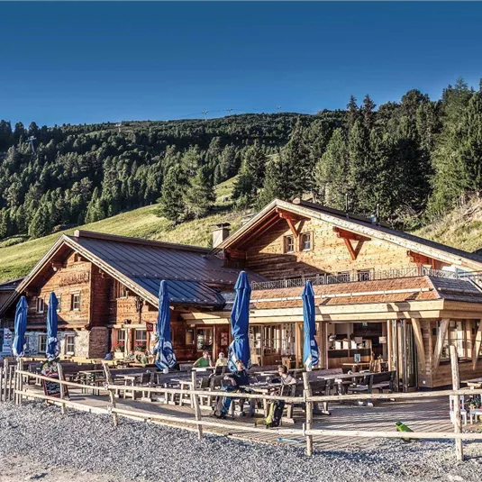 Eine gemütliche Berghütte mit Holzfassade und Außenplätzen. Im Hintergrund sind grüne Hügel und Nadelbäume zu sehen.